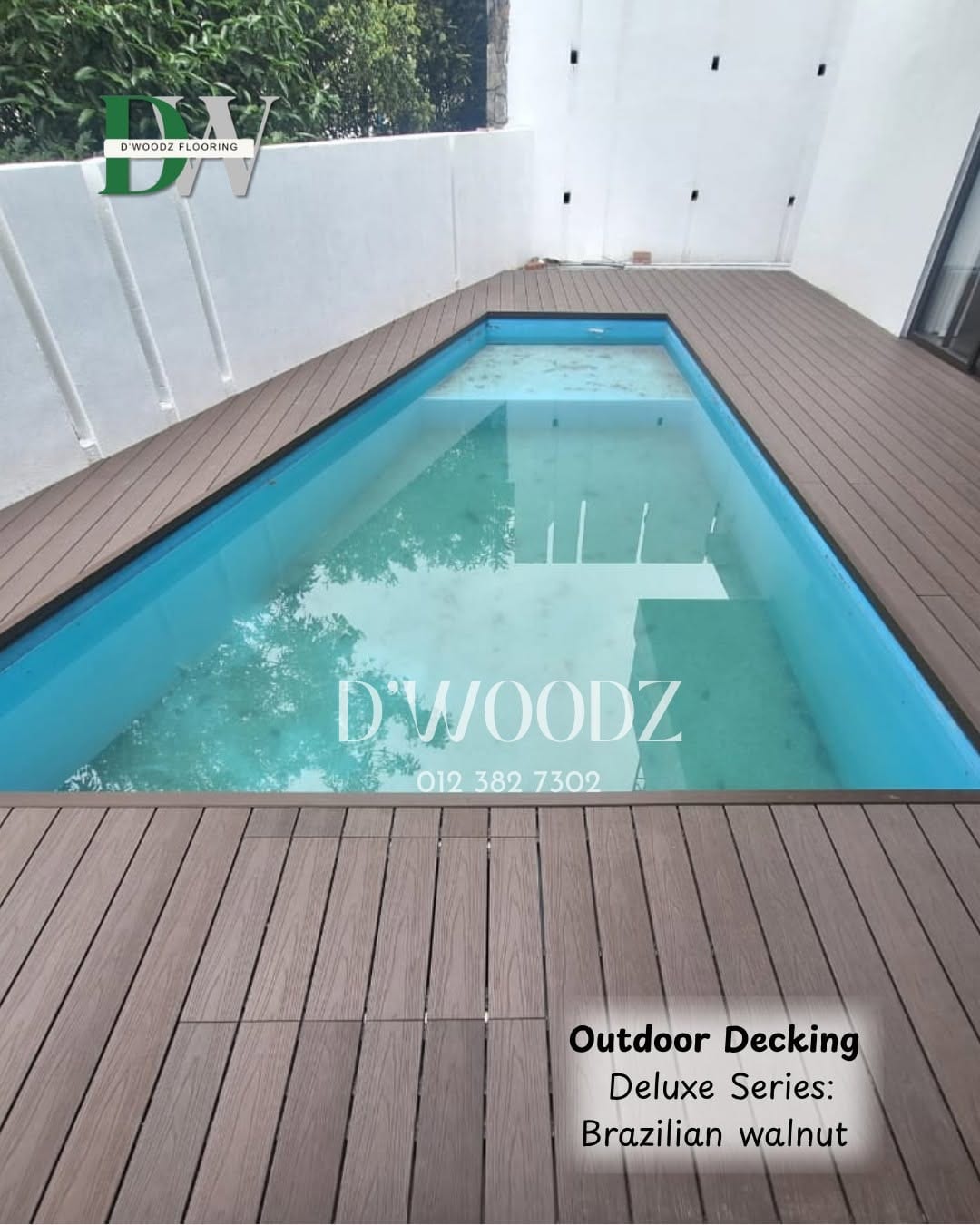 Dark brown decking boards laid around three sides of a rectangular pool in a walled courtyard; the D'Woodz watermark and product label in frame.