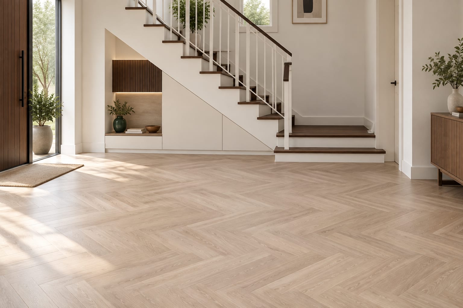 Entrance hall with a pale herringbone floor beside a white staircase with dark timber treads.